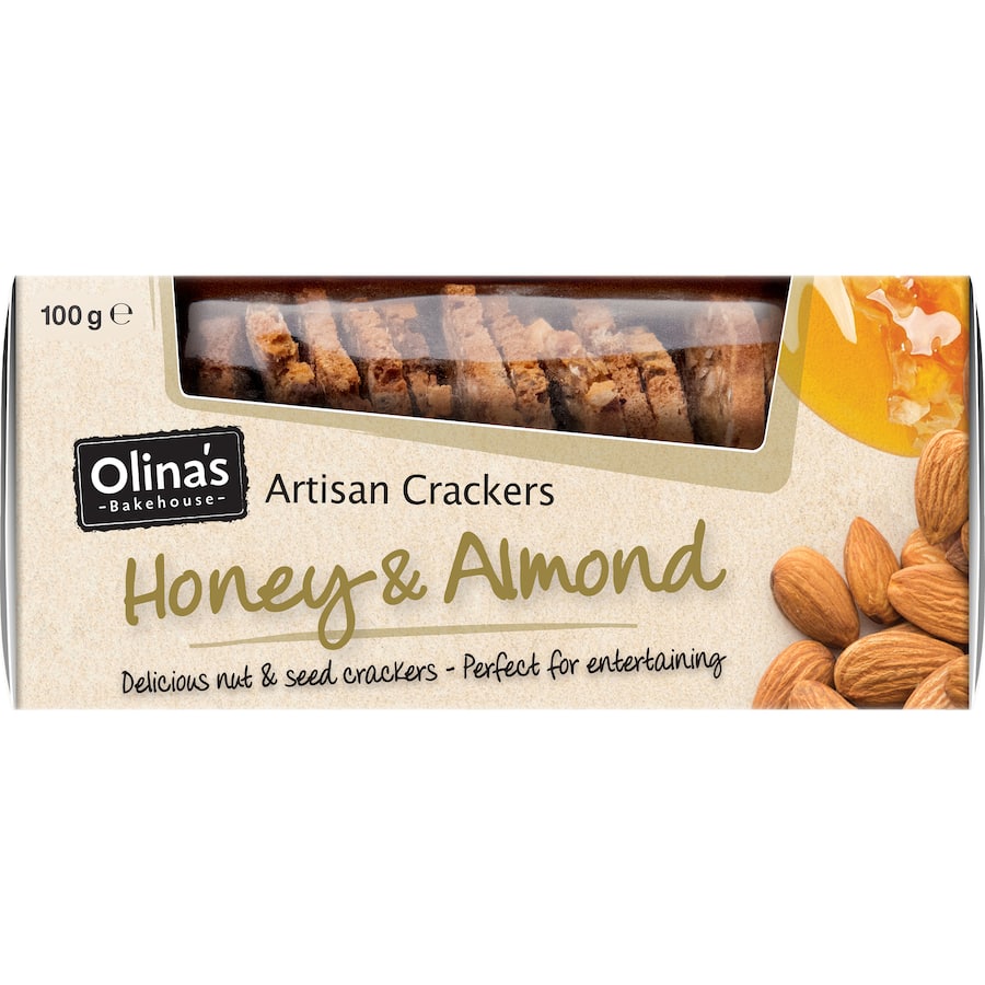 Olina's Bakehouse Honey & Almond Crackers, nutty, sweet, artisan snacks perfect for entertaining or solo enjoyment.