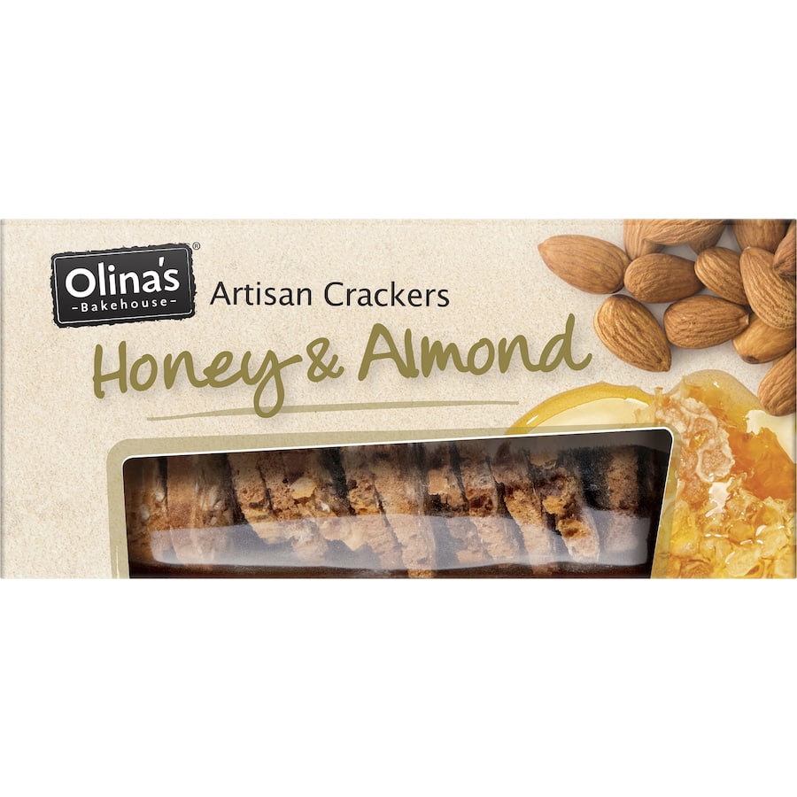 Olina's Bakehouse Honey & Almond artisan crackers, featuring nutty flavor and honey sweetness, ideal for gourmet snacking.