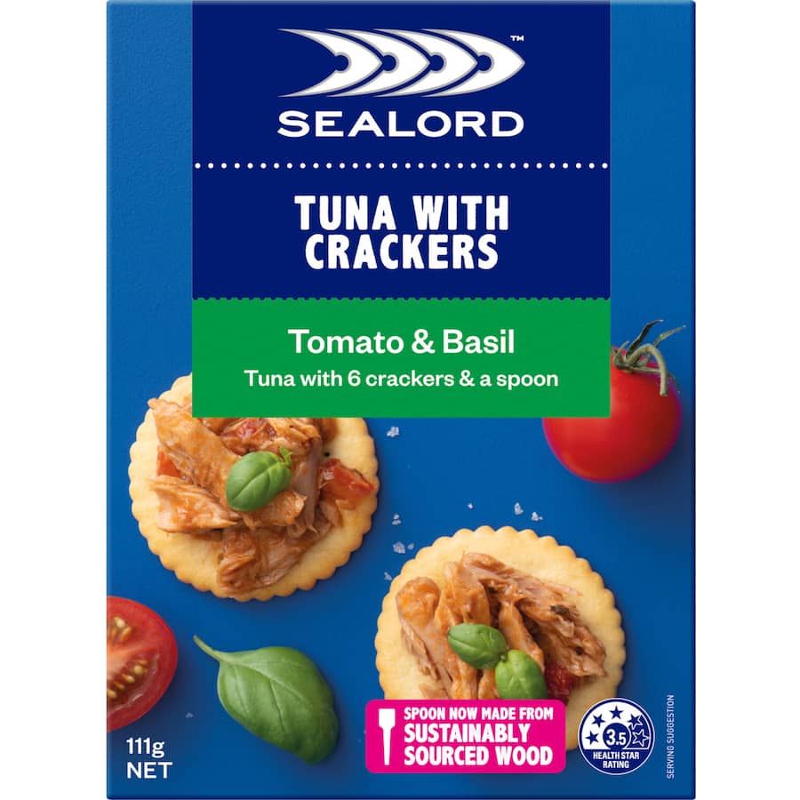 Sealord Tuna & Crackers with Tomato & Basil, a protein-rich, convenient snack perfect for on-the-go meals or quick bites.