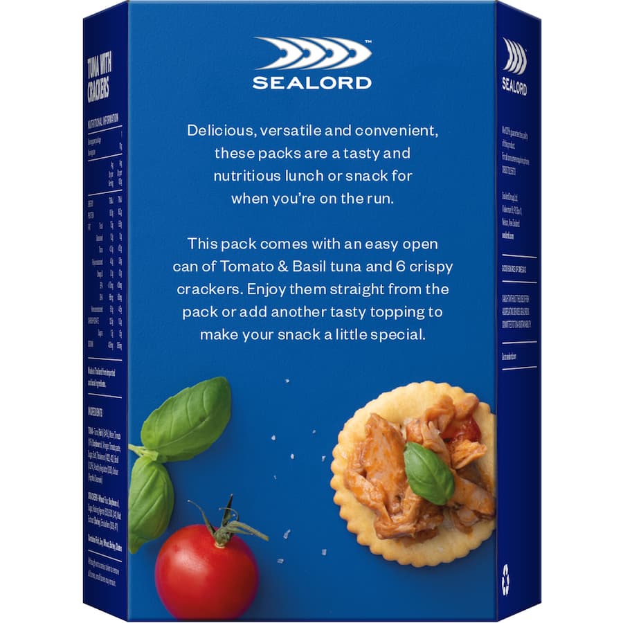 Sealord Tuna & Crackers Tomato & Basil: A tasty on-the-go snack with flaky tuna, crunchy crackers, and rich tomato-basil flavor.