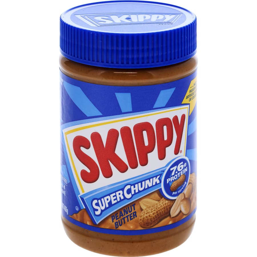 Skippy Peanut Butter Super Chunk with rich, creamy texture and crunchy pieces, perfect for snacks, baking, and sandwiches.