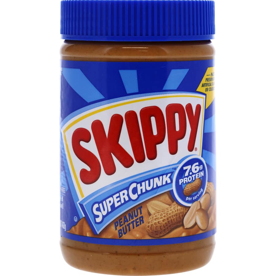 Skippy Peanut Butter Super Chunk in a jar, featuring creamy texture and crunchy peanut pieces for a delicious snack.