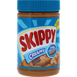 Jar of Skippy Peanut Butter Creamy featuring smooth texture and rich flavor, perfect for snacks, breakfast, and baking.