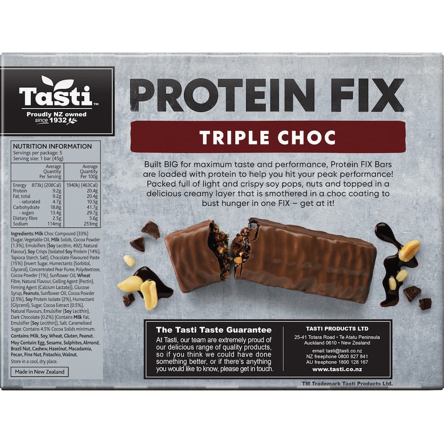 Tasti Protein Bars Triple Choc feature three layers of chocolate and 15g protein for guilt-free snacking and energy boosts.