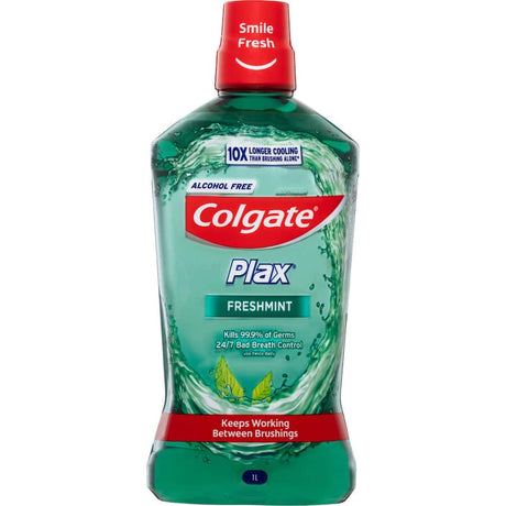 Colgate Plax Antibacterial Mouthwash Fresh Mint Value Pack for 24/7 bad breath control and 99.9% germ elimination.