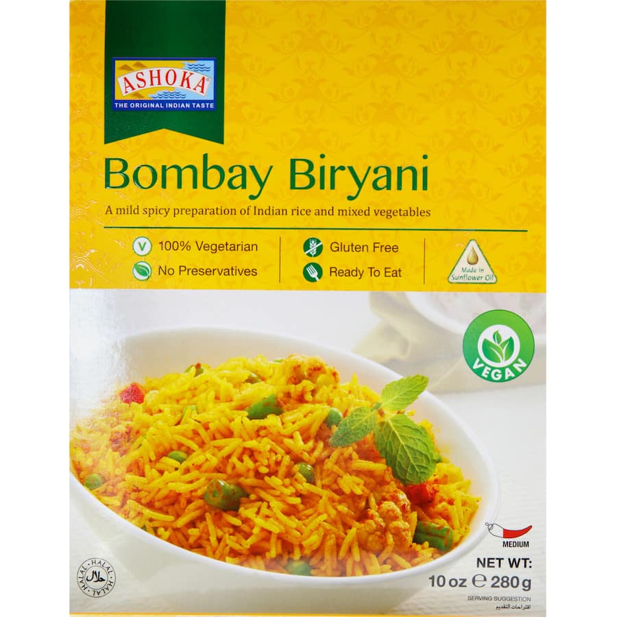 Ashoka Ready to Eat Bombay Biryani featuring aromatic basmati rice, spices, and vegetables for a convenient Indian meal.