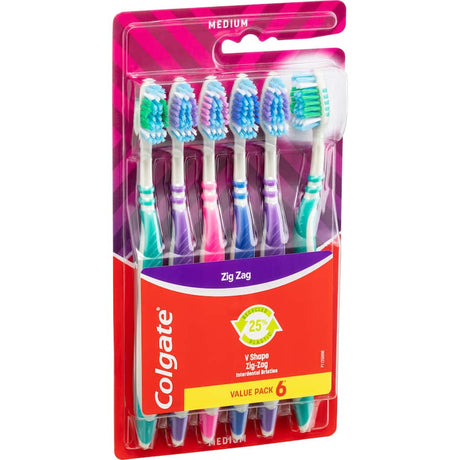 Colgate Zig Zag Toothbrush value pack with antibacterial bristles and angled design for thorough interdental cleaning.