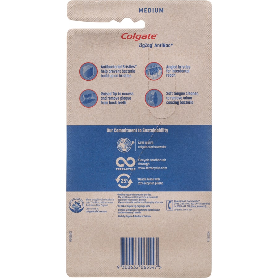Colgate Zig Zag Toothbrush Value Pack with antibacterial bristles, angled for interdental cleaning and a soft tongue cleaner.