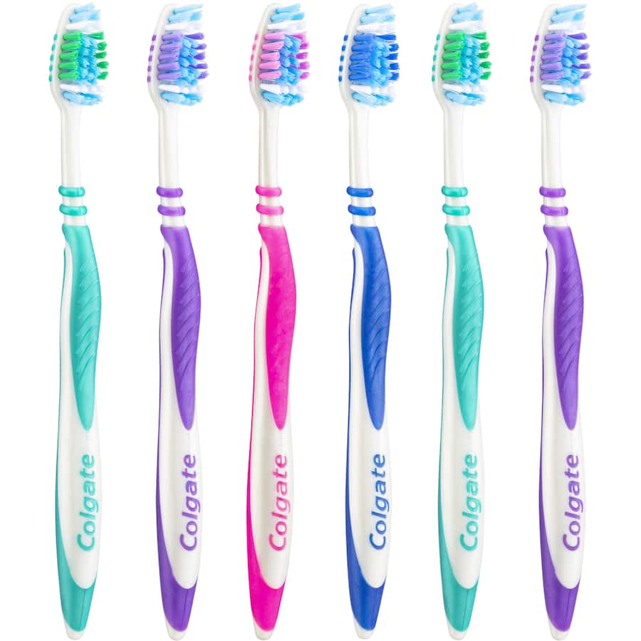 Colgate Zig Zag Toothbrush Value Pack with antibacterial angled bristles for effective interdental cleaning, 6 medium toothbrushes included.