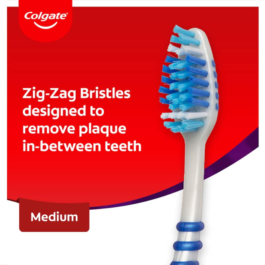 Colgate Zig Zag Toothbrush Value Pack with antibacterial bristles and angled design for superior interdental cleaning.