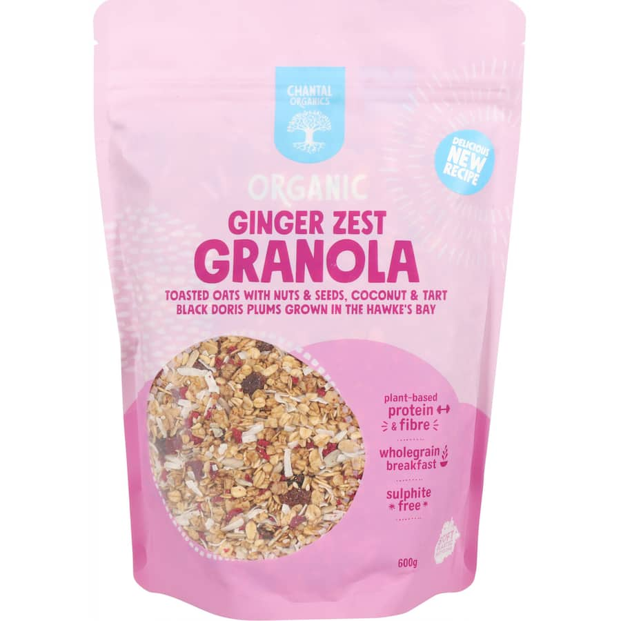 Chantal Organics Granola Ginger Zest, a crunchy blend of oats, honey, and zesty ginger, perfect for breakfast or snacking.