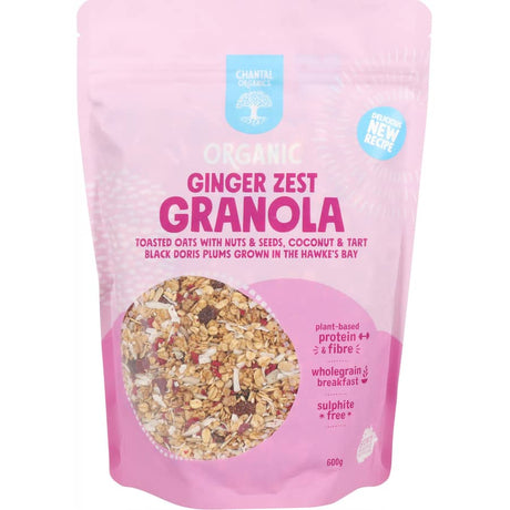 Chantal Organics Granola Ginger Zest, a crunchy blend of oats, honey, and zesty ginger, perfect for breakfast or snacking.