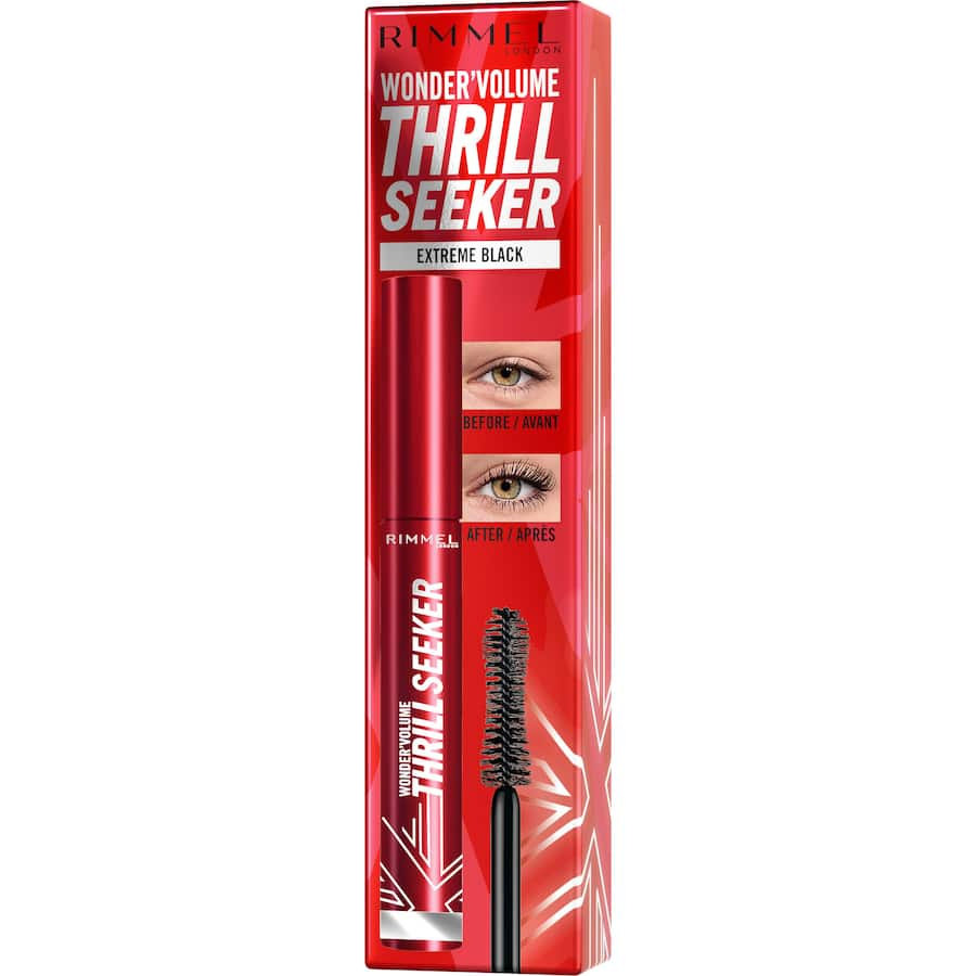 Rimmel Mascara Volume Thrill Seeker in Black offers bold volume and length with a clump-free, lightweight formula and unique brush.