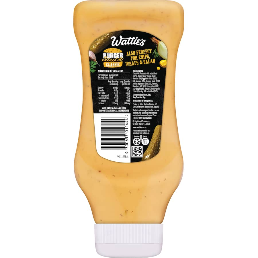 Wattie's Burger Sauce Classic bottle showcasing a rich, tangy sauce ideal for burgers, fries, and grilled meats.