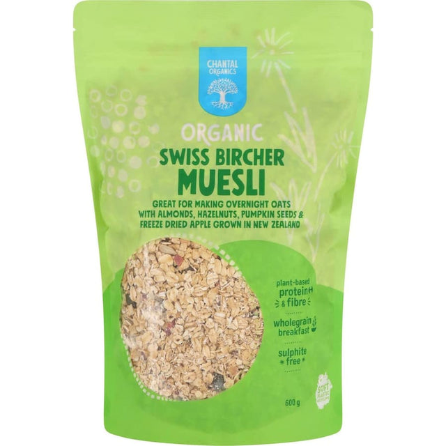 Chantal Organics Muesli Swiss Bircher with oats, nuts, seeds, and freeze-dried apples for a nutritious breakfast.