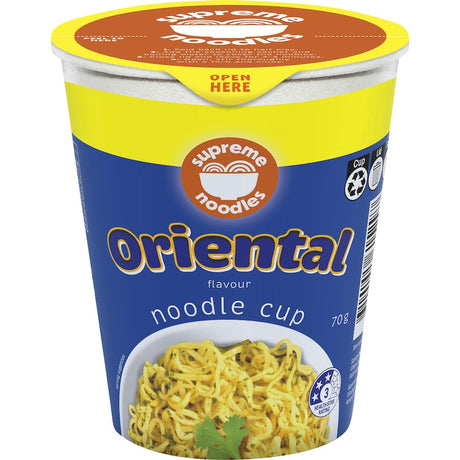 A cup of Supreme Instant Noodles Oriental, offering quick, flavorful meals with authentic Asian taste in convenient packaging.