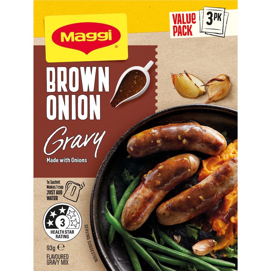 Maggi Instant Gravy Mix Brown Onion: Quick and flavorful mix for rich brown onion gravy, perfect for various dishes.