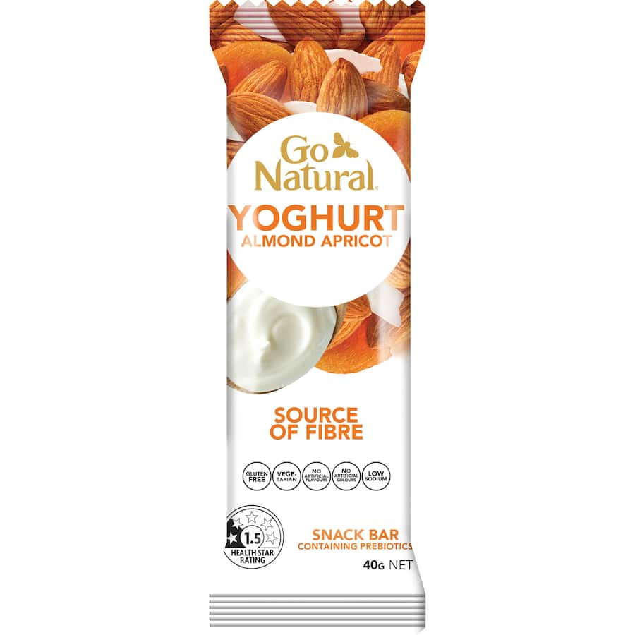 Yoghurt-coated almond and apricot snack bar, packed with protein, fiber, and prebiotics; gluten-free and vegetarian treat.