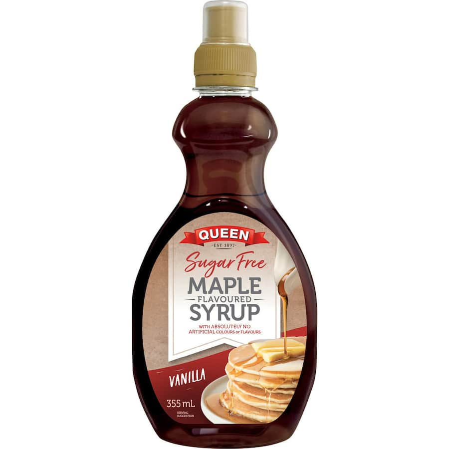 Queen Sugar Free Maple Syrup Vanilla Flavoured in a convenient bottle, perfect for guilt-free drizzling on breakfast favorites.