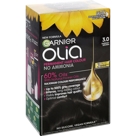 Garnier Olia Darkest Brown 3.0 hair dye, ammonia-free with 60% oils for vibrant color and healthy, soft hair.