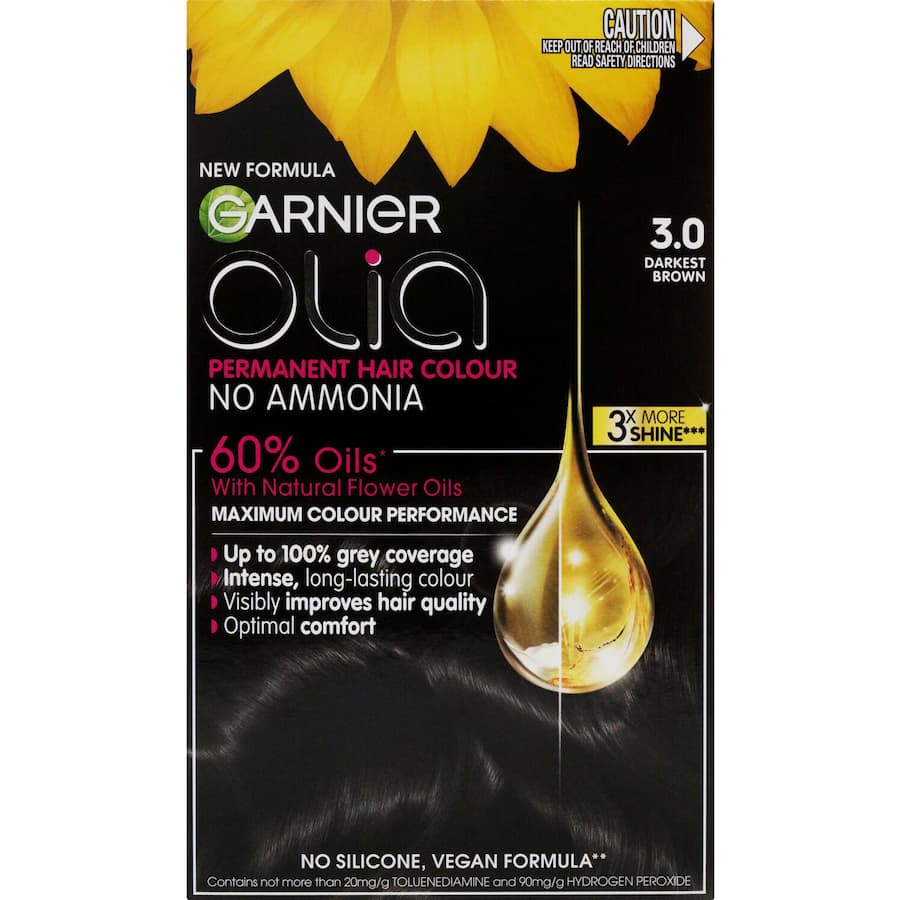 Garnier Olia Darkest Brown 3.0 hair dye offers ammonia-free, oil-powered colour for vibrant, healthy hair with 100% grey coverage.