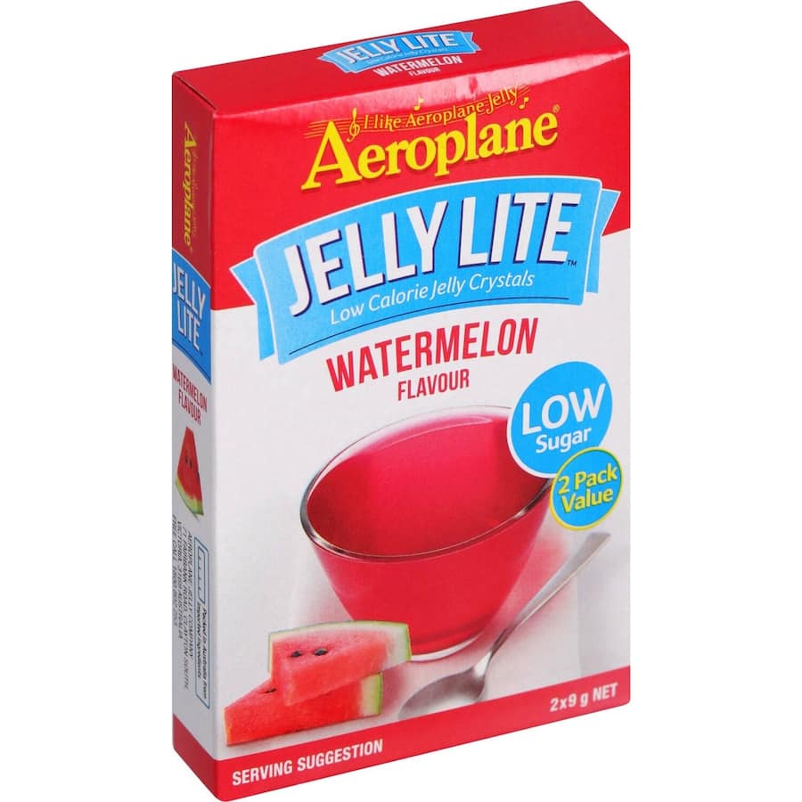 Aeroplane Jelly Lite Crystals in watermelon flavor, a low-sugar, guilt-free dessert option for a delightful treat.