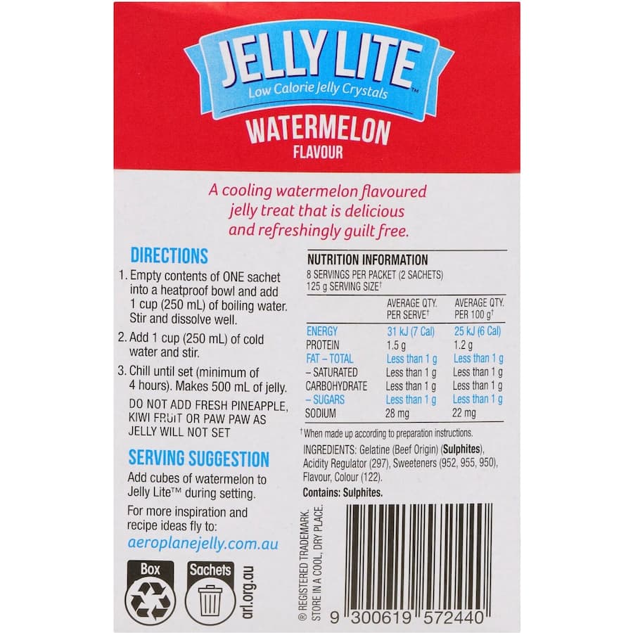 Aeroplane Jelly Lite Crystals in watermelon flavor, a low-sugar dessert option for a guilt-free treat.