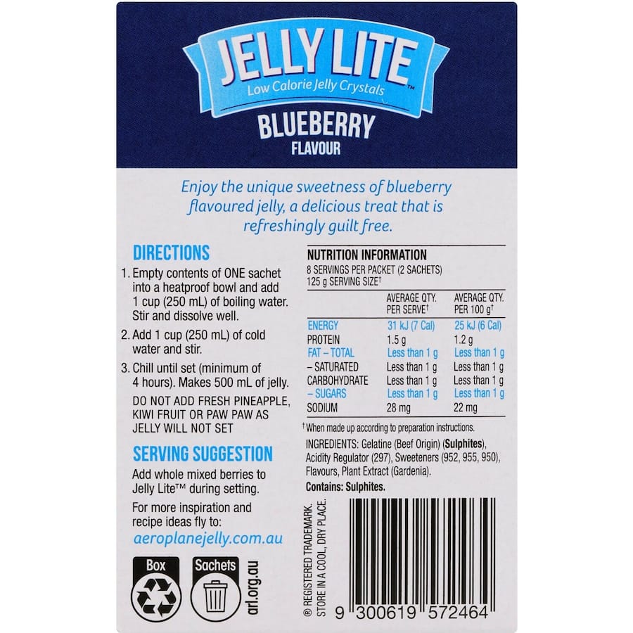 Aeroplane Jelly Lite Crystals in Blueberry flavor, low sugar for guilt-free desserts bursting with fruity goodness.