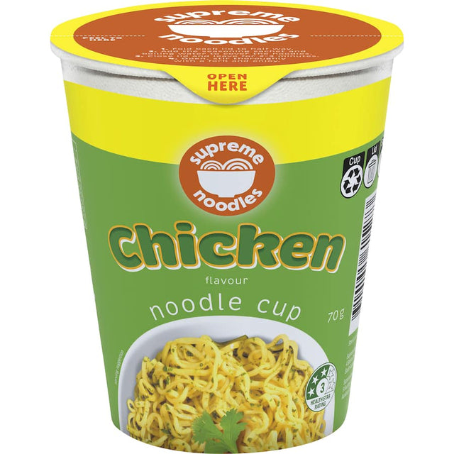 Supreme Instant Noodles Chicken Cup in 70g, offering savory chicken flavor for quick meals with easy hot water preparation.