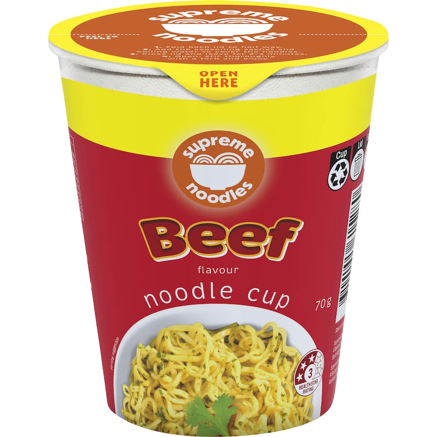 Supreme Instant Noodles Beef Cup: quick, savory meal with high-quality beef flavor, perfect for busy lifestyles.