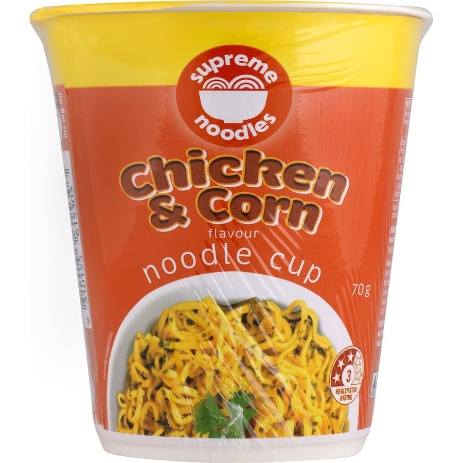 Supreme Instant Noodles Chicken & Corn Cup, a 70g compact meal with savory chicken and sweet corn flavors, perfect for quick meals.