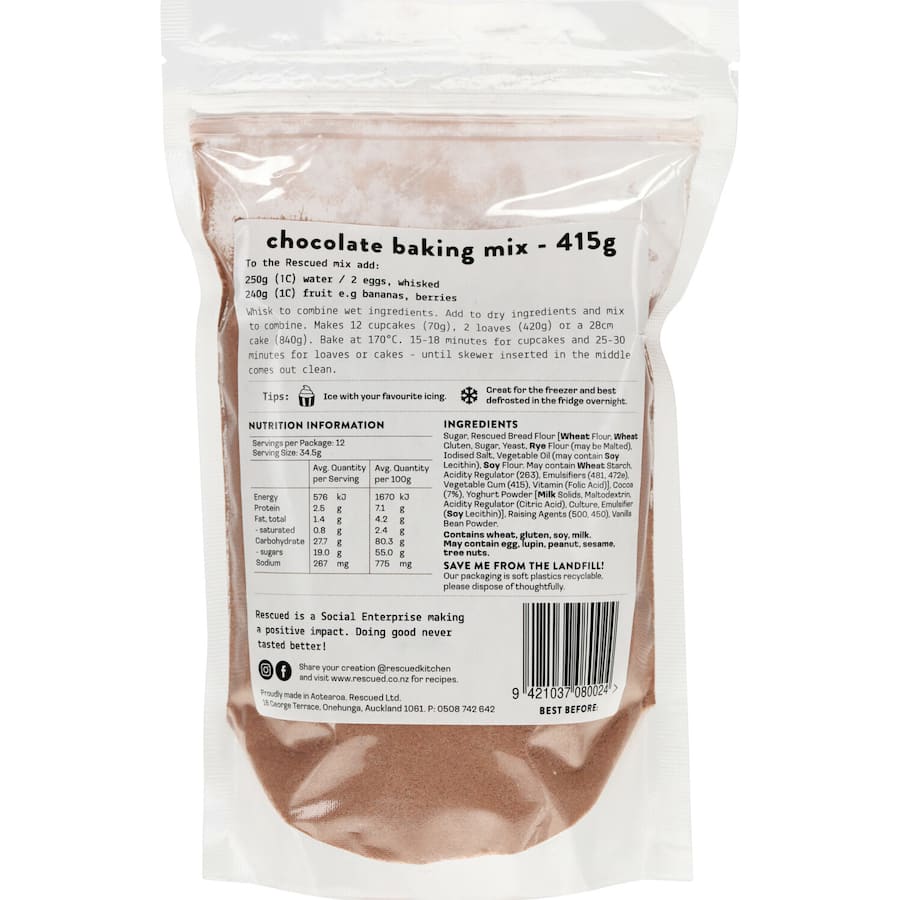 Chocolate baking mix made from upcycled surplus food, offering eco-friendly indulgence and delicious flavor.