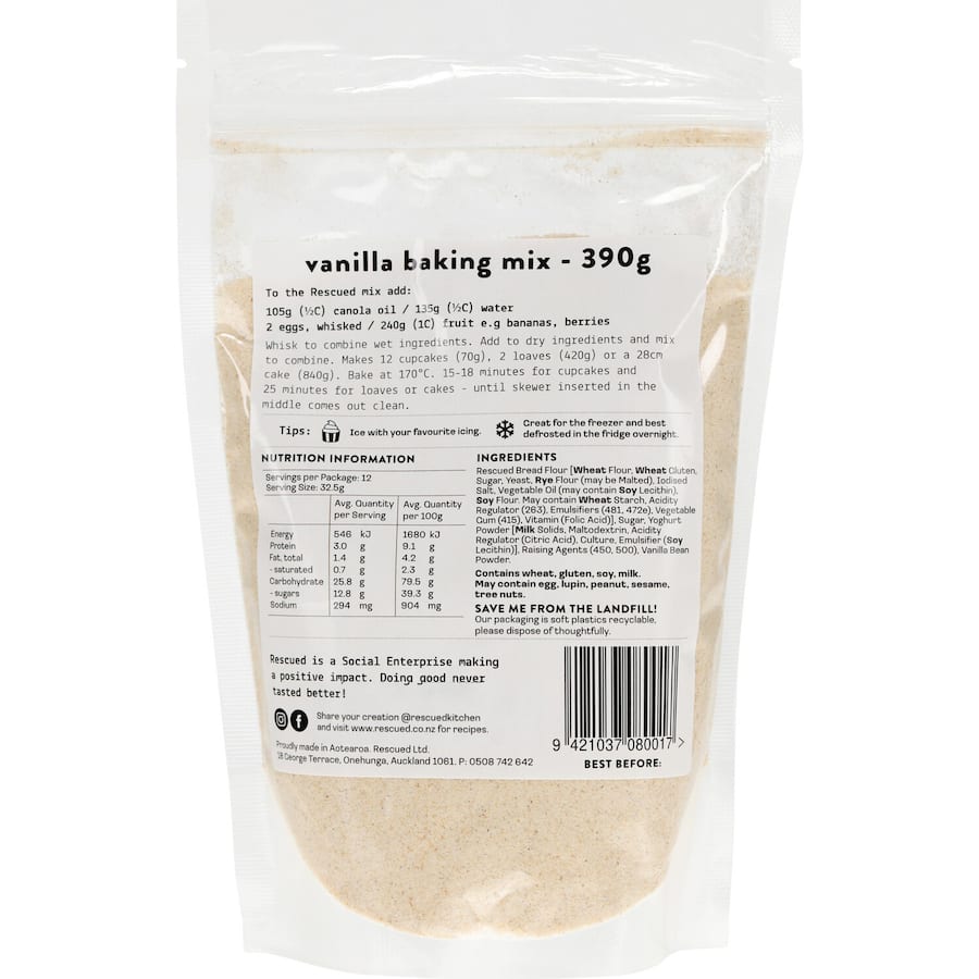 Vanilla baking mix made from upcycled ingredients for eco-friendly, guilt-free treats.