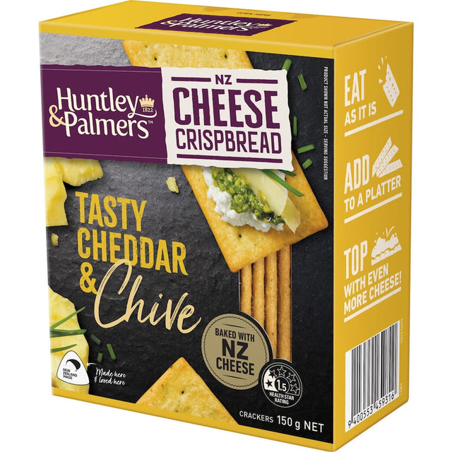 Huntley & Palmers Crispbread with Tasty Cheese & Chives, perfect for snacks and appetizers, bursting with flavor.