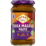 Patak's Tikka Masala Paste jar featuring a blend of 12 spices for rich, authentic Indian curry flavor, suitable for all diets.