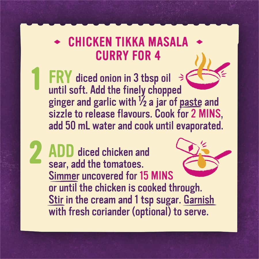 Patak's Tikka Masala Paste in a jar, featuring a medium heat blend of 12 aromatic spices for authentic Indian curries.