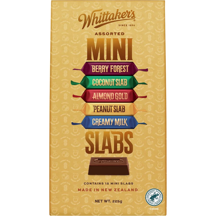 Assorted mini slabs of Whittaker's chocolate in a sharepack, featuring rich dark and creamy milk chocolate flavors.