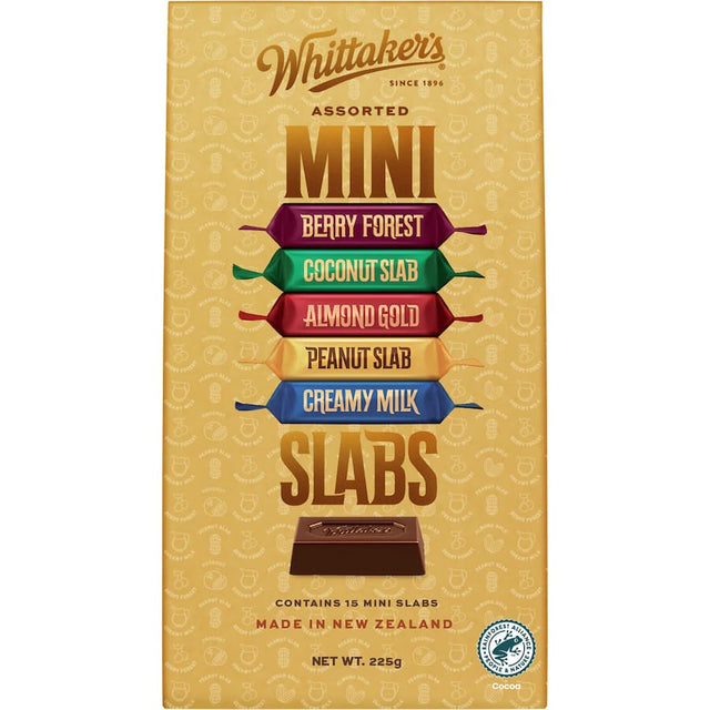 Assorted mini slabs of Whittaker's chocolate in a sharepack, featuring rich dark and creamy milk chocolate flavors.