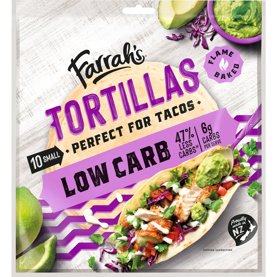 Soft 6-inch low-carb tortillas from Farrah's, perfect for wraps, tacos, and guilt-free Mexican meals.