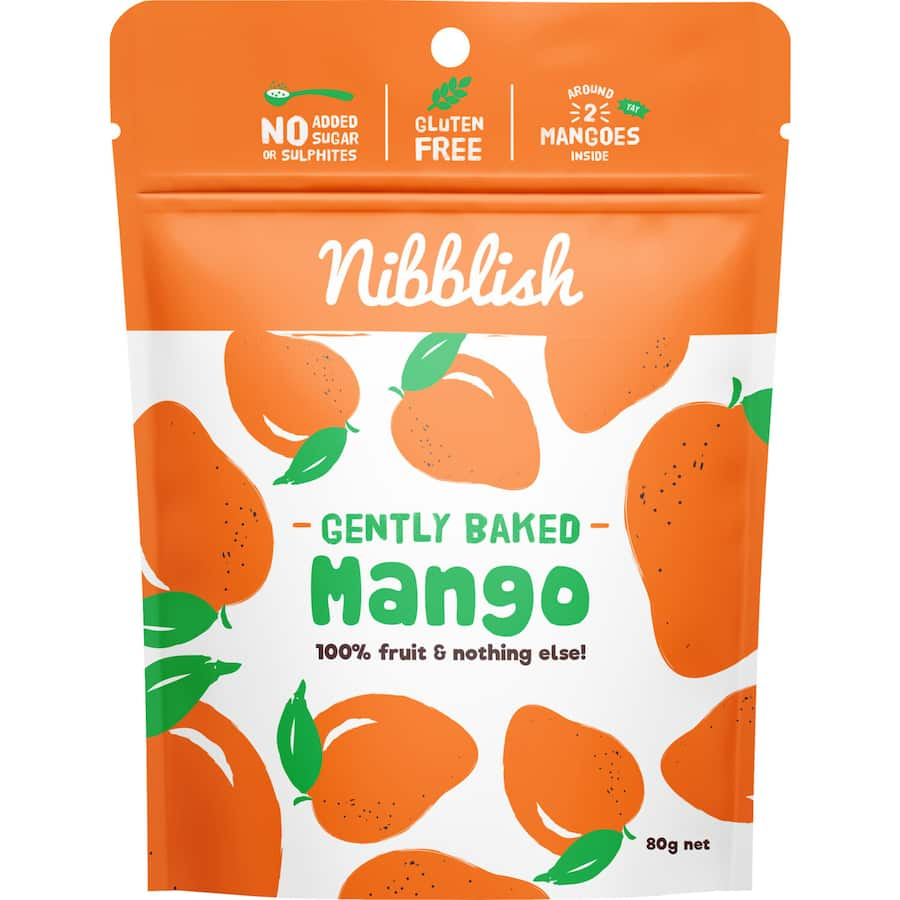 Resealable pouch of Nibblish Mango Gently Baked, showcasing natural dried mango snacks, gluten-free and vegan-friendly.