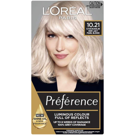 L'Oréal Paris Preference Hair Colour in Alaska 10/21, vibrant permanent dye for rich color and perfect grey coverage.