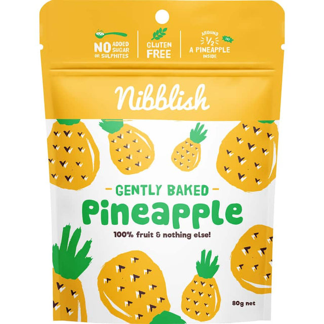 Nibblish Pineapple Gently Baked: 100% natural, gluten-free, and vegan pineapple snacks in a resealable pouch for healthy on-the-go snacking.