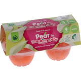 Woolworths Fruit Snack with real pear pieces in raspberry jelly, a ready-to-eat, guilt-free treat with no additives.