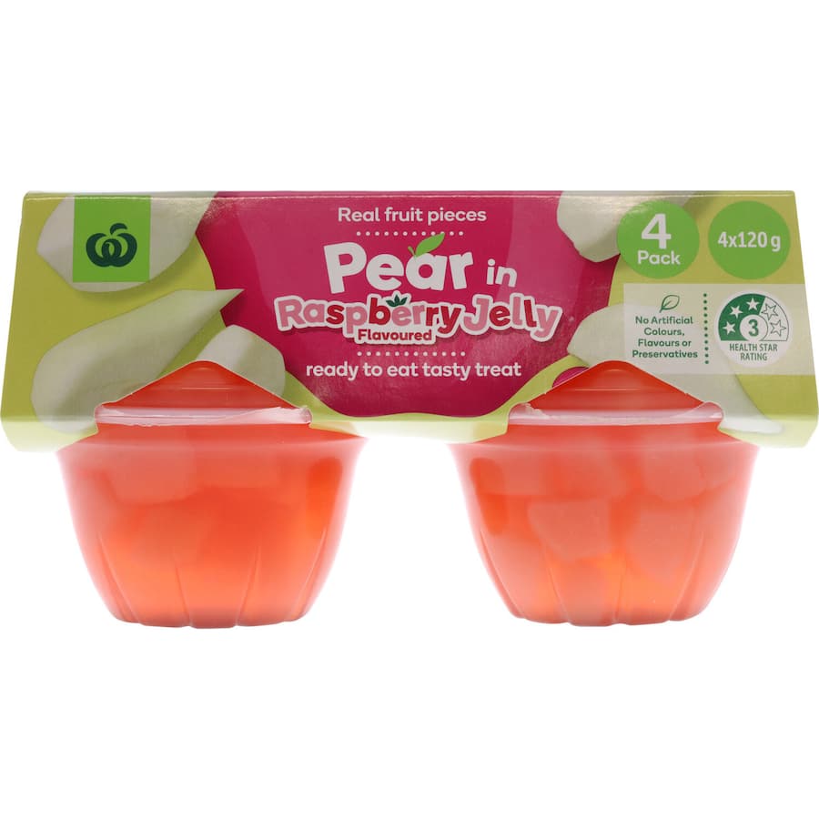 Woolworths Fruit Snack with real pear in raspberry jelly, a ready-to-eat treat with no artificial additives.