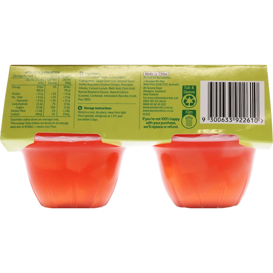 Woolworths Pears in Raspberry Jelly: real fruit pieces in a sweet, ready-to-eat snack with no artificial additives.