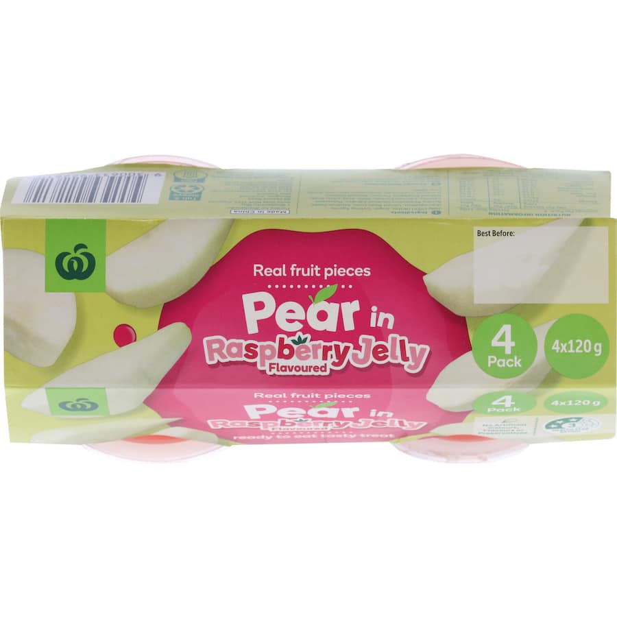 Woolworths Fruit Snack featuring real pear pieces in raspberry jelly, a ready-to-eat dessert with no artificial additives.