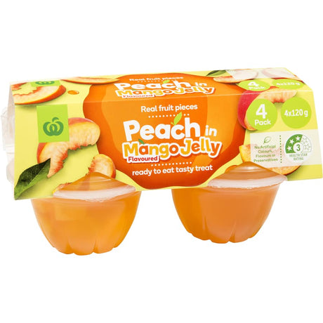 Woolworths Fruit Snack Peaches in Mango Jelly, a 480g treat with real peaches in sweet mango jelly, perfect for snacking.