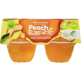 Delicious Woolworths Fruit Snack: succulent peaches in mango jelly, packed with real fruit flavor. Perfect on-the-go treat.