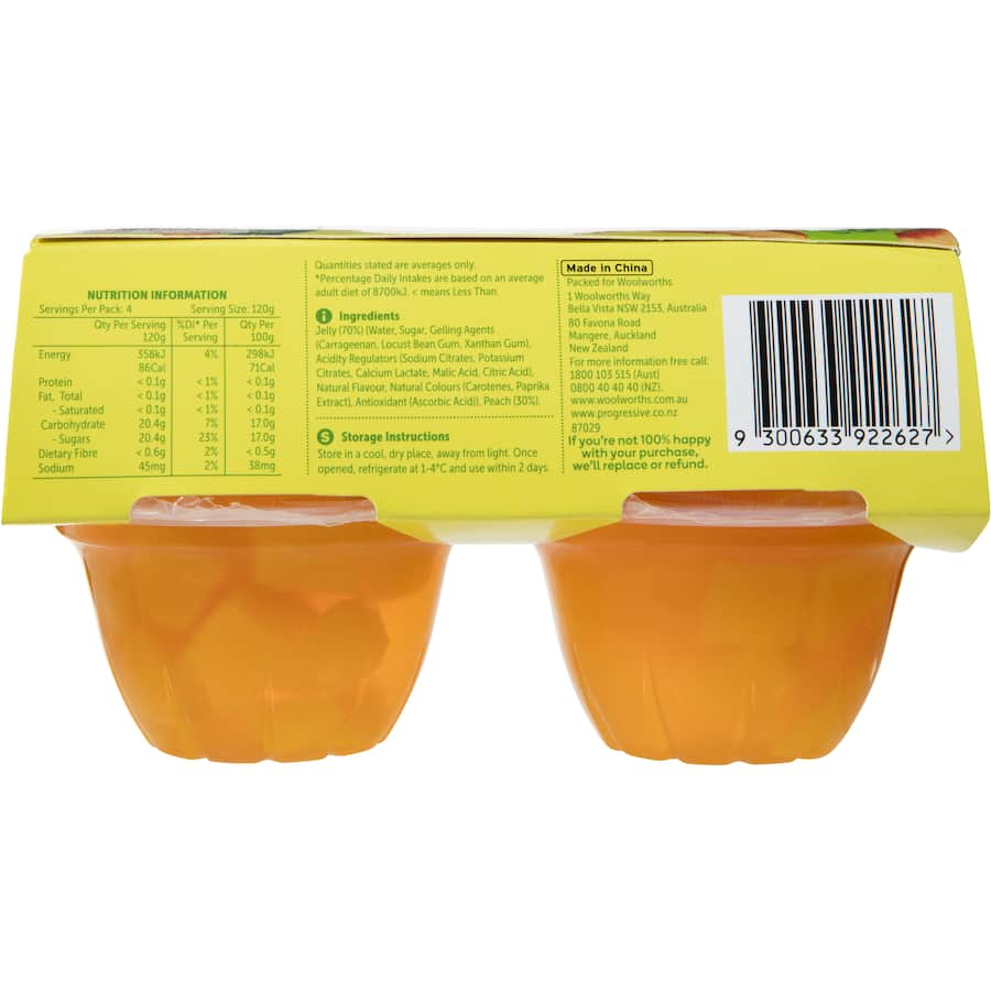 Woolworths Fruit Snack Peaches in Mango Jelly - real peaches in jelly, a fruity treat packed in a 480g container.