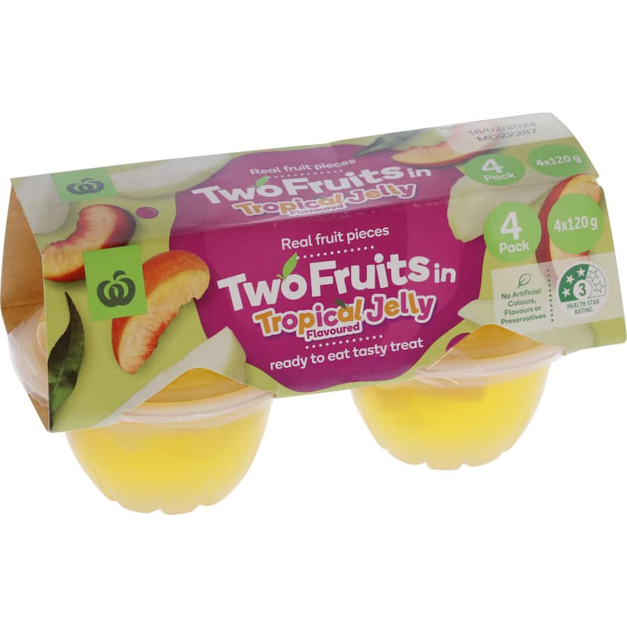 Woolworths Fruit Snack with real fruit pieces immersed in tropical jelly, offering a guilt-free, on-the-go treat.